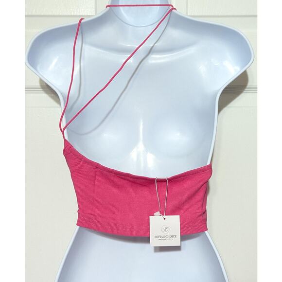 Sofia's Choice Crop Top Womens Medium Pink Asymmetrical Cut Out Halter Y2K Style - Picture 4 of 6